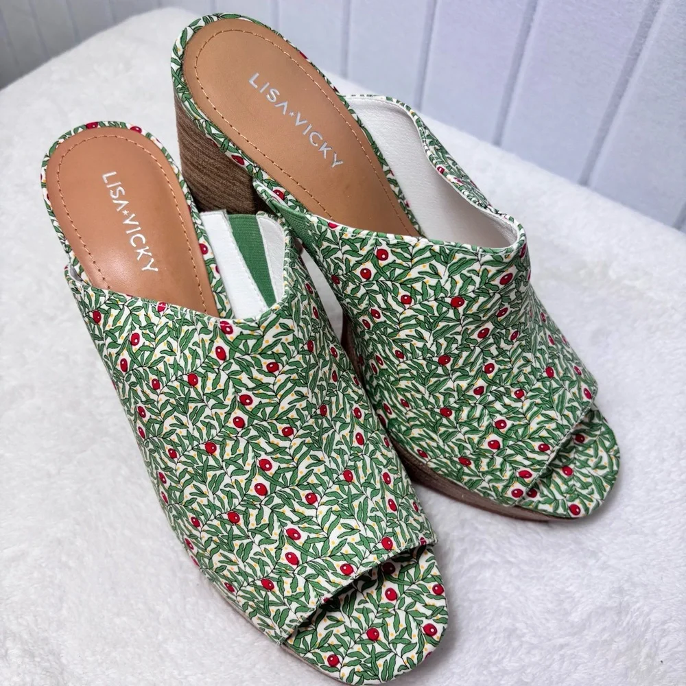 Lisa Vicky‎ Green Leaf Print Joy Platform Sandals Size 9M